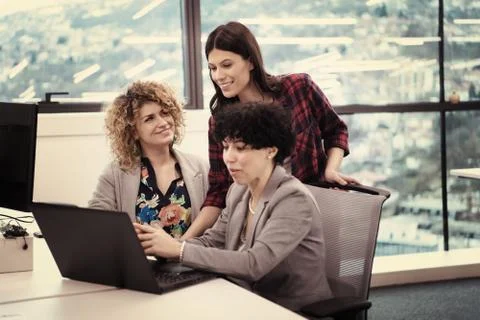 Female software developers using laptop computer Stock Photos