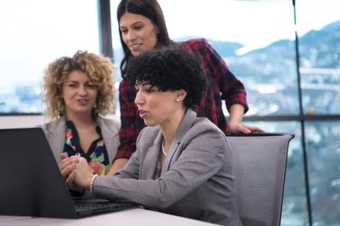 Female software developers using laptop computer Stock Photos