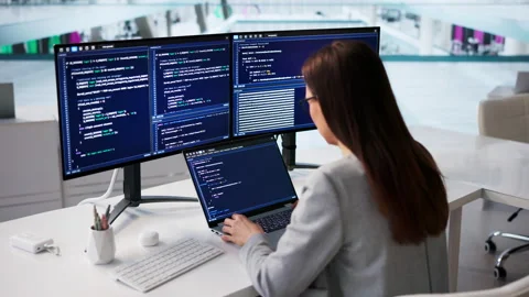 Female Software Engineer Coding Web Applications Stock Footage 330586905