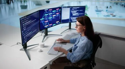 Female Software Engineer Coding Website On Desktop Computer At Office 스톡 사진