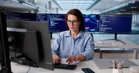 Female Software Engineer Typing Code On Computer At Office Desk. Young Coder  Stock Photos