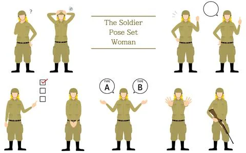 Female Soldier Pose Set, questioning, worrying, encouraging, pointing, etc. Illustrazione stock