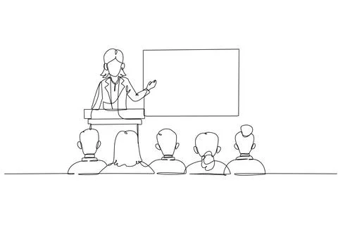 Female speaker at podium with microphone, presenting to audience Stock Illustration