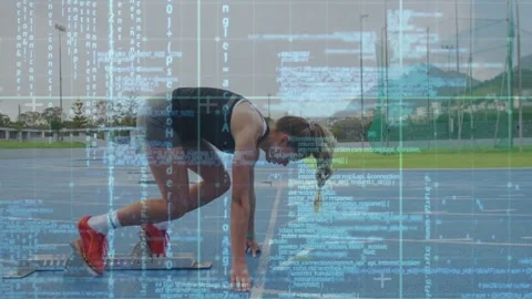 Female sprinter doing block-start, holding set then driving to sprint, blue Stock Footage 332591793