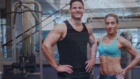 Female stepping into frame, trainer duo posing hands on hips promoting fitness, Video stock 333445648