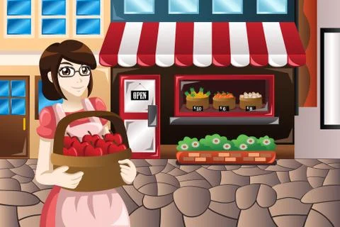 Female store owner standing in front of her store carrying a basket of apples Stock Illustration