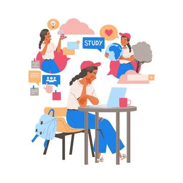 Female Student Character Learning Multitasking Switching Between Different Stock Illustration
