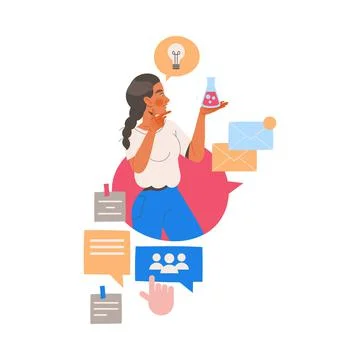 Female Student Character Learning Multitasking Switching Between Different Illustrazione stock