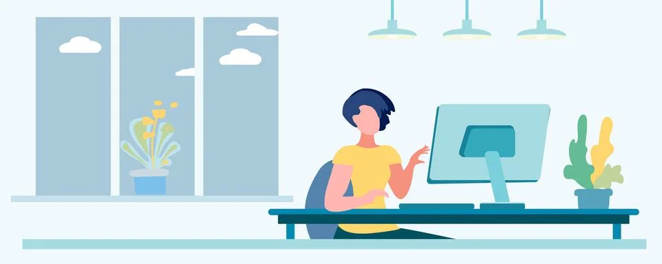 Female student at computer, remote work concept, webinar, flat vector 스톡 일러스트