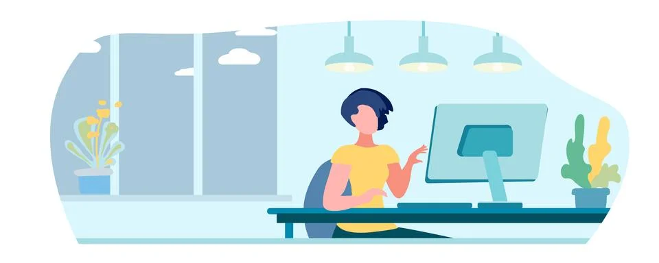 Female student at computer, remote work concept, webinar, flat vector illus.. Stock Illustration