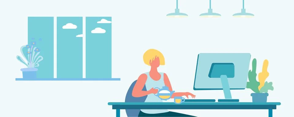 Female student at the computer, remote work, freelancing, cartoon flat vect.. Stock Illustration