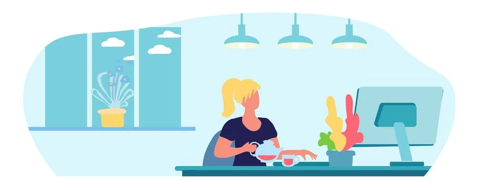 Female student at computer, remote work concept, freelancing, cartoon flat .. 스톡 일러스트