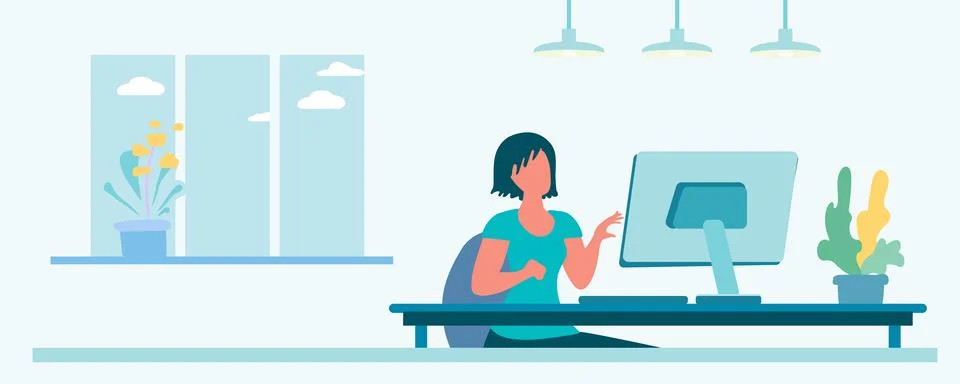 Female student at computer, remote work, webinar, cartoon flat vector illus.. Illustrazione stock
