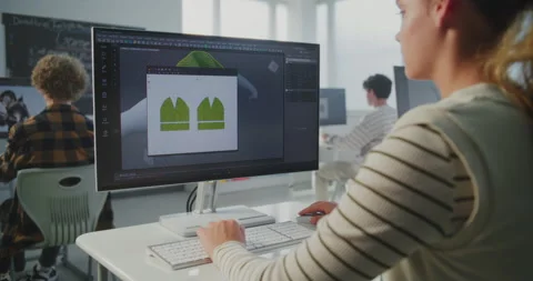Female Student Creates 3D Model on Computer in Modern Classroom Stock Footage 318526001