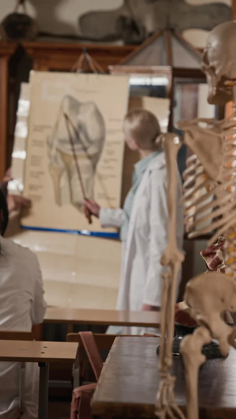 Female Student Explaining Knee Anatomy with Skeleton in Medical Class Stock Footage 341657654
