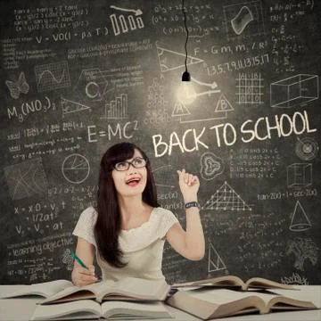 Female student getting bright solution Stock Illustration
