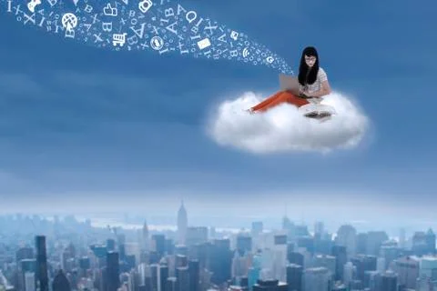 Female student with laptop and flying letters Illustrazione stock