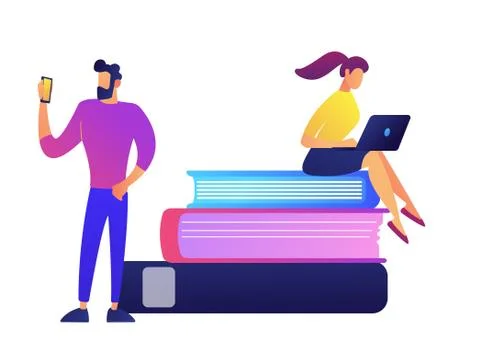 Female student with laptop sitting on stack of books and student with mobile Stock Illustration