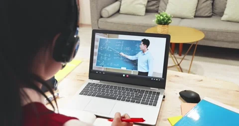 Female student learn math online Stock Footage 143584616