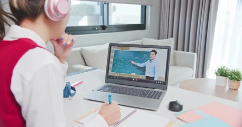 Female student learn math online Stock Footage 145336571
