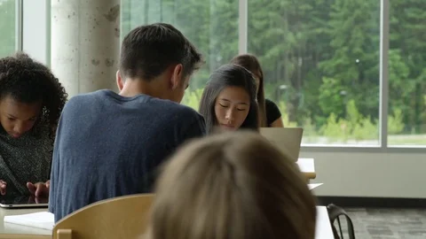 Female student looking at camera while studying at a table 動画素材 83398783