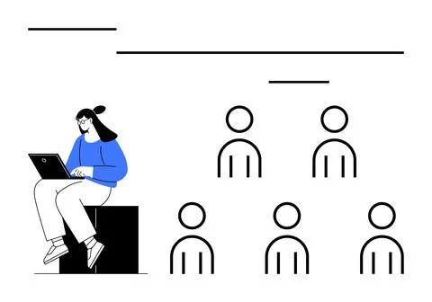 Female student with ponytail using laptop, minimalist black and white human f Stock Illustration