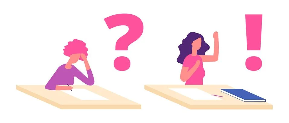 Female student problem solution concept. Troubled girl student at desk thinking Stock Illustration