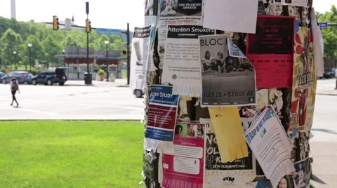Female student pulling off an advertisement from a campus bulletin board Stock Footage 64894791