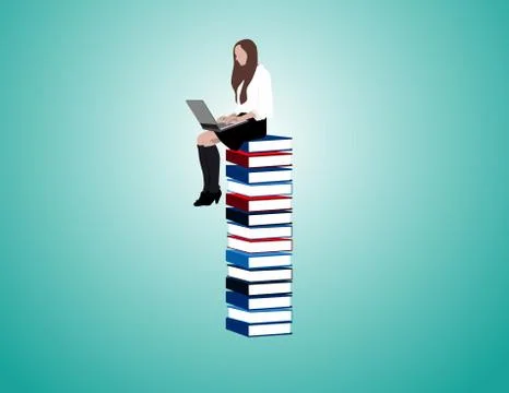 Female student sitting on a stack of books Stock Illustration