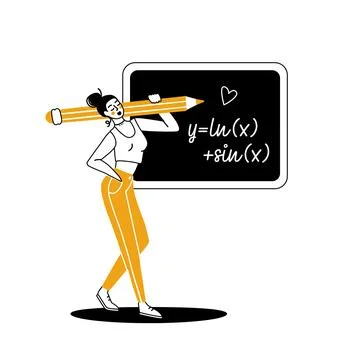 Female student solving a math problem at blackboard in classroom. Girl writing 스톡 일러스트