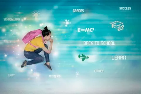 Female student sprinting inside binary code 库存照片