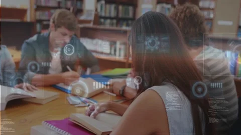 Female student studying and flipping pages at study table, HUD overlays fading Stock Footage 330161786