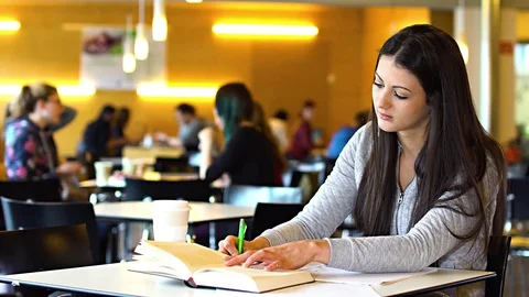Female Student Studying in Cafeteria - Looking at the Camera and Smile 库存影片 84054237