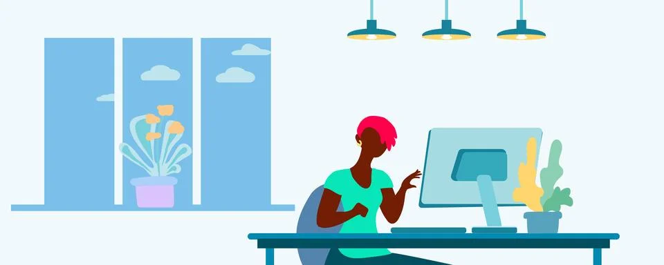 Female student studying at the computer, remote work concept, webinar 스톡 일러스트