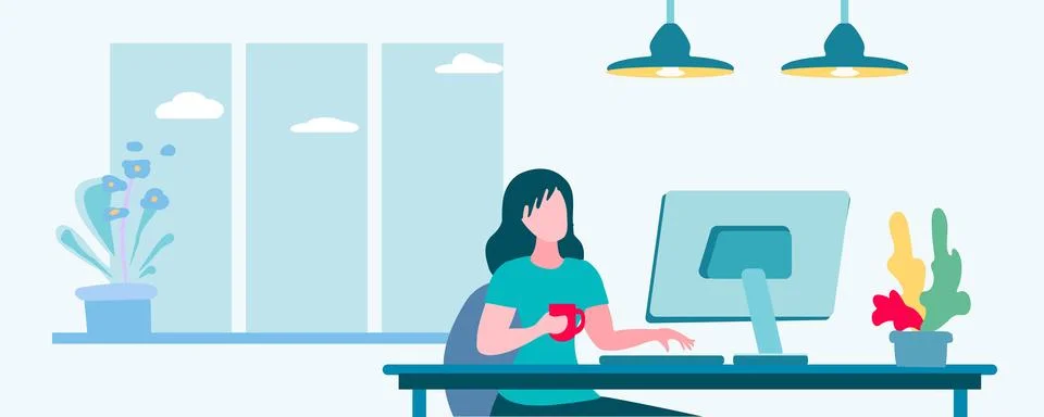Female student studying at the computer, remote work concept, webinar, flat, Not 스톡 일러스트