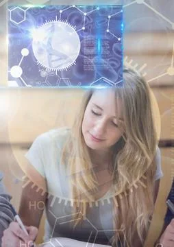 Female Student studying with notes and science education interface graphics Stock Photos
