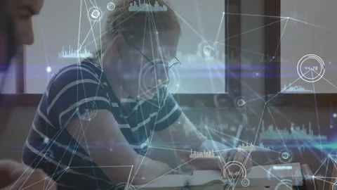 Female student taking notes for class, nodes appearing and guiding adjusting Stockbeeldmateriaal 334315916