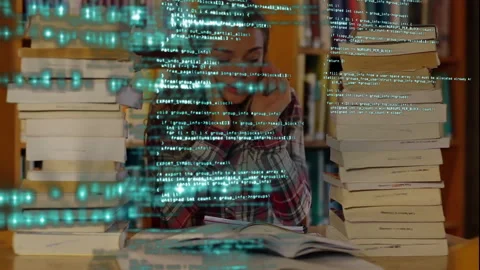 Female student taking notes at table with code overlay appearing, pausing, Video stock 312280043