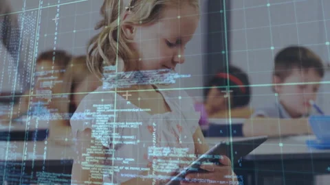 Female student tapping classroom tablet screen activating code overlay scanning Stock Footage 310663031