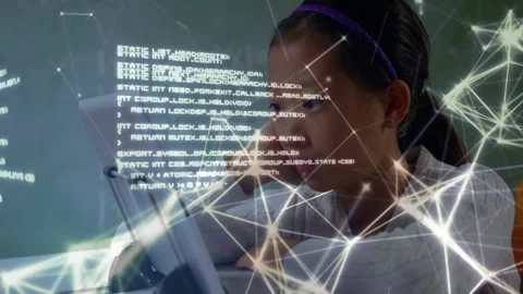 Female student tapping tablet screen and activating glowing node networks while 스톡 동영상 330621386