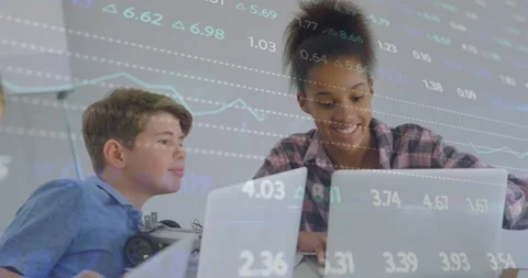 Female student typing on laptop causing animated charts and robot feedback, Stock Footage 320652580