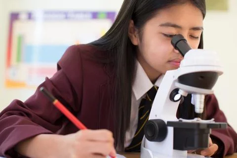 Female Student In Uniform Using Microscope In Science Class Stock Photos