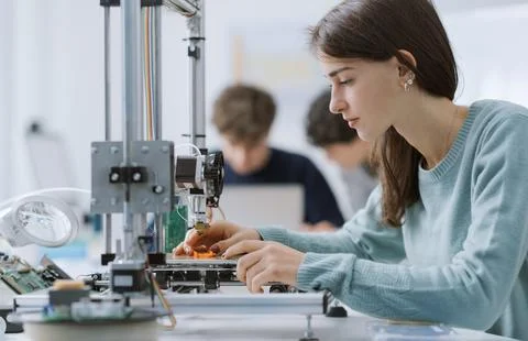 Female student using a 3D printer in the lab Foto stock