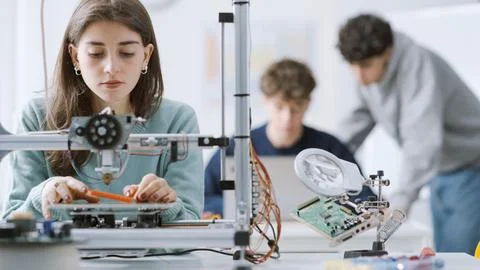 Female student using a 3D printer in the lab Foto stock