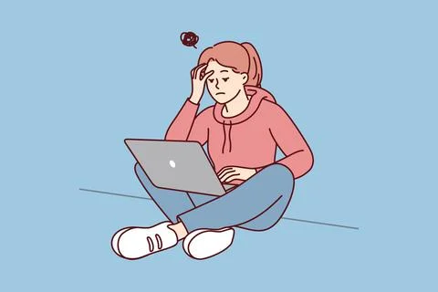 Female student work on computer have lack of motivation Illustrazione stock