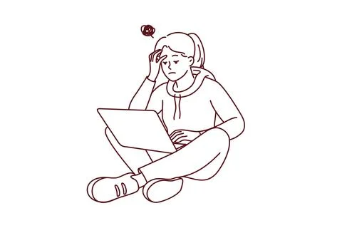 Female student work on computer have lack of motivation Illustrazione stock