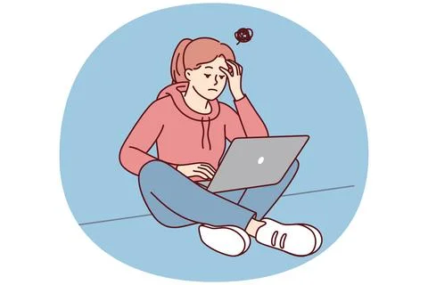 Female student work on computer have lack of motivation Illustrazione stock