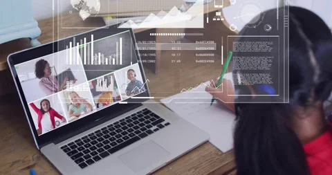 Female student writing notes while teacher raising slate and causing HUD graphs Stock Footage 320725427