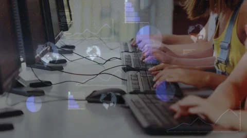 Female students beginning typing for coding, forming blue overlay charts and Stock Footage 329909387
