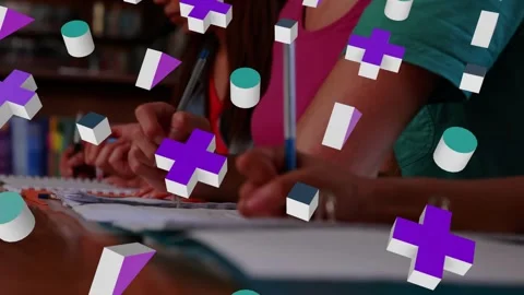 Female students scribbling notes in library causing animated 3D shapes drifting Stock Footage 318194860